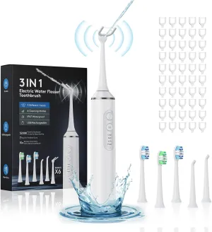 Electric Flosser for Teeth | 3-in-1 Water Dental Floss & Toothbrush & Water Flosser with 4 Modes，Cordless Power Flossers with 50 Replacement Heads for Adults