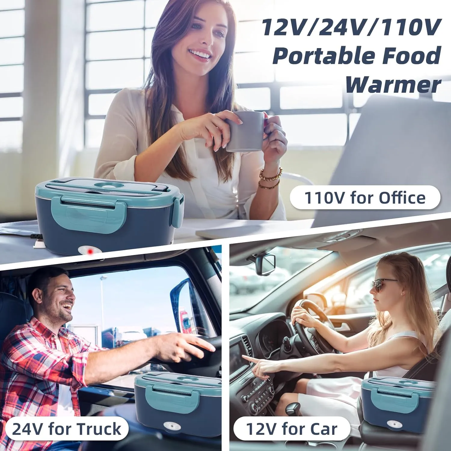 Electric Lunch Box, 12V/24V/110V Portable Food Warmer with SS Fork & Spoon for Car/Truck/Office, 80W Self Heating Lunch Box with 1.5L 304 Stainless Steel Container & 0.45L PP Fruit Box Blue