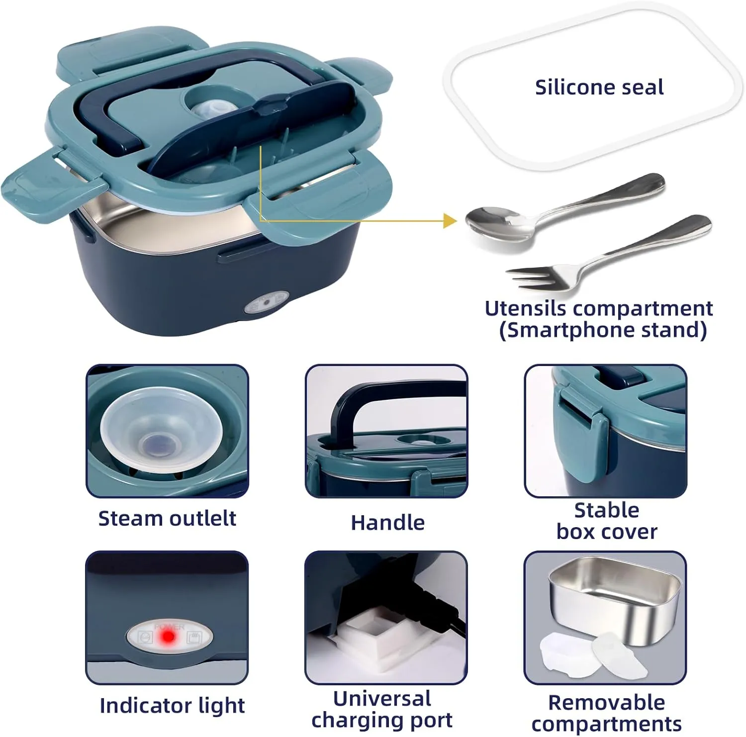 Electric Lunch Box, 12V/24V/110V Portable Food Warmer with SS Fork & Spoon for Car/Truck/Office, 80W Self Heating Lunch Box with 1.5L 304 Stainless Steel Container & 0.45L PP Fruit Box Blue