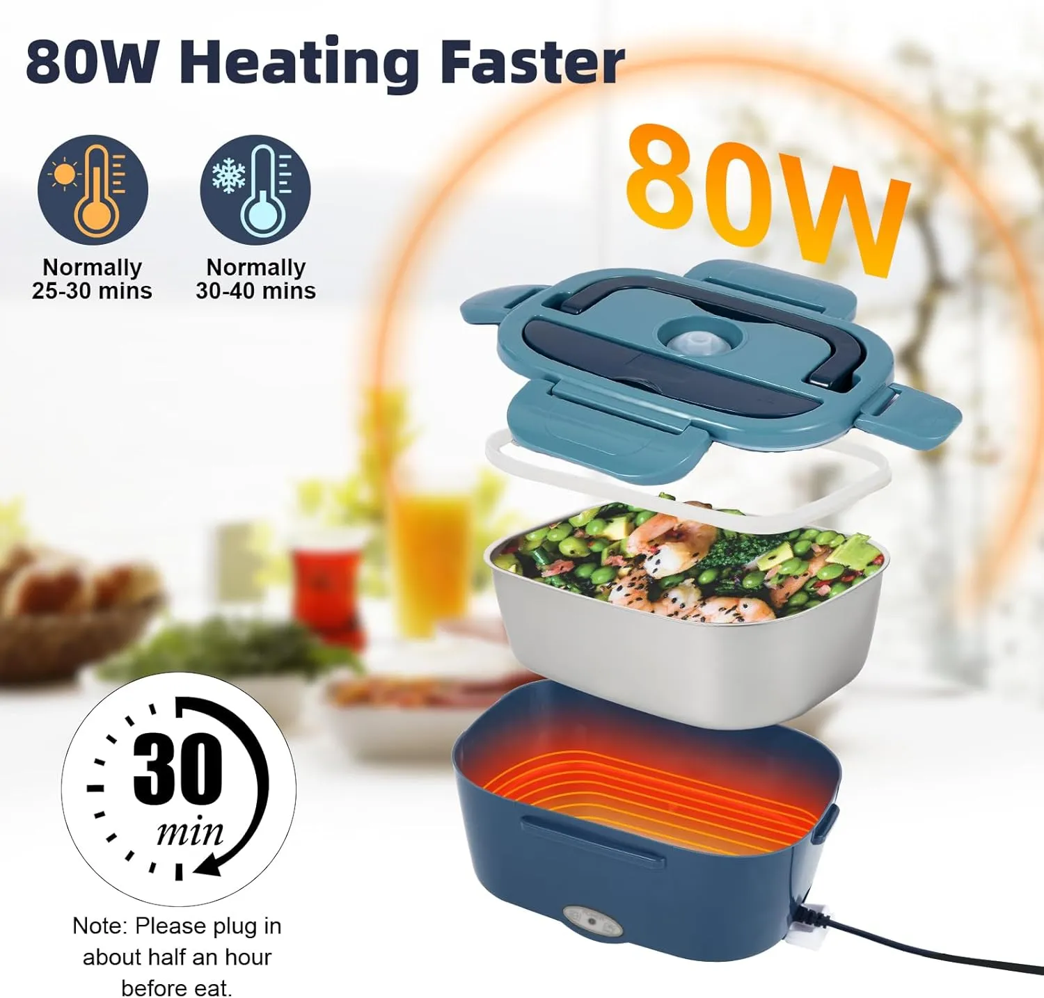 Electric Lunch Box, 12V/24V/110V Portable Food Warmer with SS Fork & Spoon for Car/Truck/Office, 80W Self Heating Lunch Box with 1.5L 304 Stainless Steel Container & 0.45L PP Fruit Box Blue