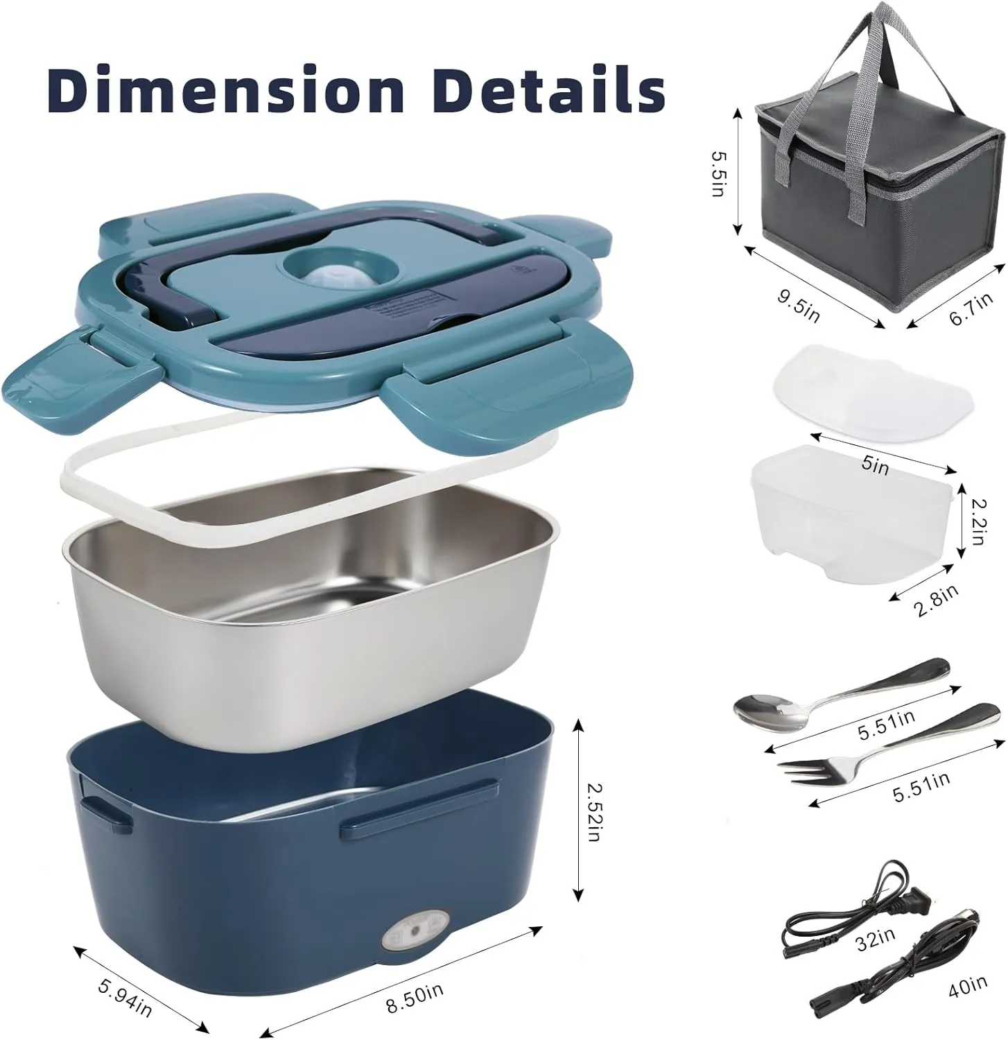 Electric Lunch Box, 12V/24V/110V Portable Food Warmer with SS Fork & Spoon for Car/Truck/Office, 80W Self Heating Lunch Box with 1.5L 304 Stainless Steel Container & 0.45L PP Fruit Box Blue
