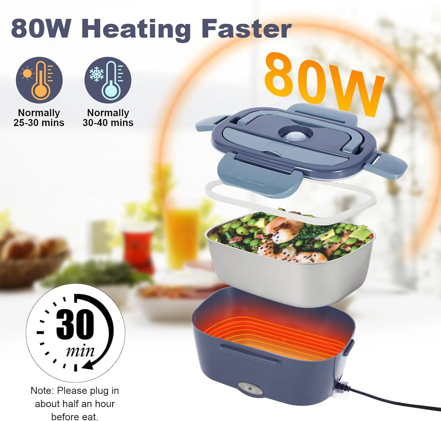 Electric Lunch Box, 12V/24V/110V Portable Food Warmer with SS Fork & Spoon for Car/Truck/Office, 80W Self Heating Lunch Box with 1.5L Container & 0.45L PP Fruit Box Light Bluish Purple