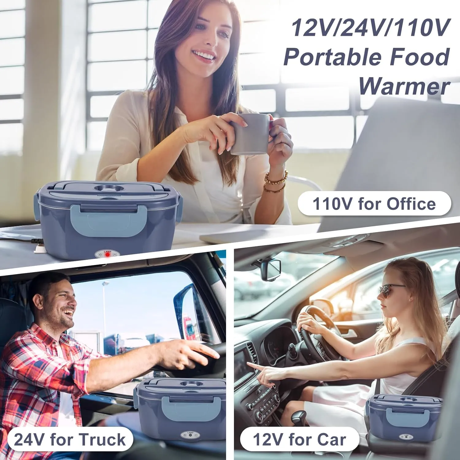 Electric Lunch Box, 12V/24V/110V Portable Food Warmer with SS Fork & Spoon for Car/Truck/Office, 80W Self Heating Lunch Box with 1.5L Container & 0.45L PP Fruit Box Light Bluish Purple