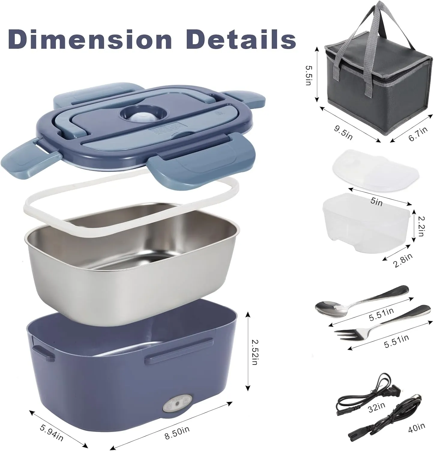 Electric Lunch Box, 12V/24V/110V Portable Food Warmer with SS Fork & Spoon for Car/Truck/Office, 80W Self Heating Lunch Box with 1.5L Container & 0.45L PP Fruit Box Light Bluish Purple