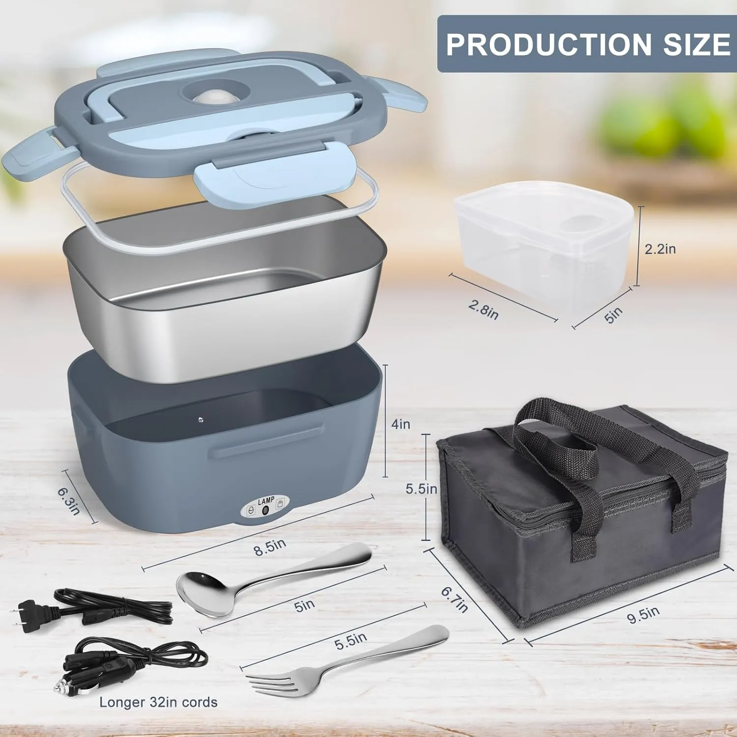 Electric Lunch Box Food Heater - 3 in 1 Portable Leakproof Heated Lunch Box for Car/Home/Adults with 1.5L Removable 304 Stainless Steel Container, 60-80W, 12V/24V/110V (Blue)