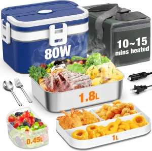 Electric Lunch Box for Adults, 2.8L Liters Double Layer Food Warmer Lunch Box, Lonchera Eléctrica Portátil, 80W Faster Food Warmer for Car/Truck/Office/Home With Fork & Spoon & Bag and 0.45L Fruit Box