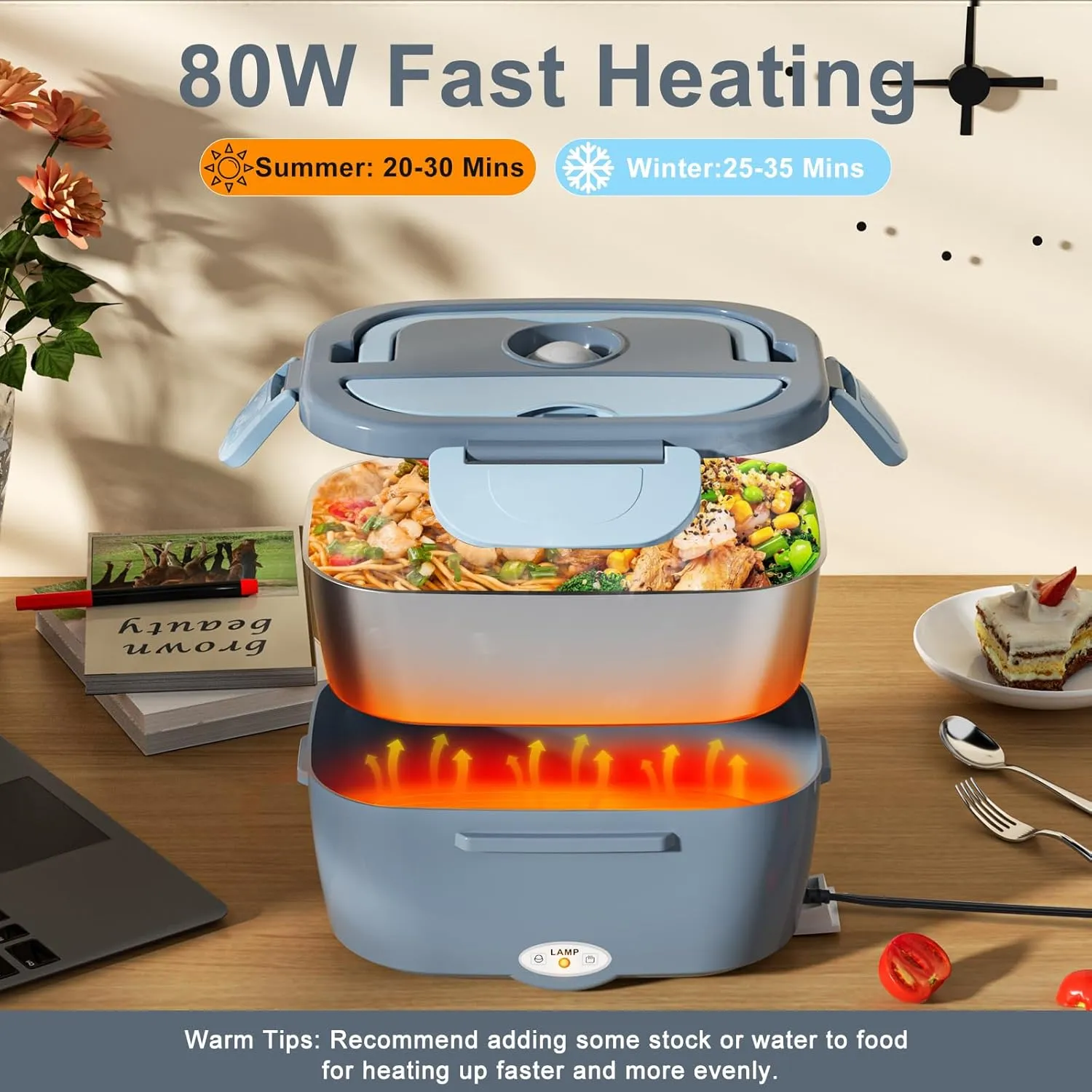 Electric Lunch Box for Adults, 80W/1.5L Heated Lunch Box for Men Work Car Truck, Portable Food Warmer Lunch Box Upgraded with Fork&Spoon and Insulated Carry Bag, 12V/24V/110V