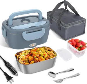 Electric Lunch Box for Adults, 80W/1.5L Heated Lunch Box for Men Work Car Truck, Portable Food Warmer Lunch Box Upgraded with Fork&Spoon and Insulated Carry Bag, 12V/24V/110V