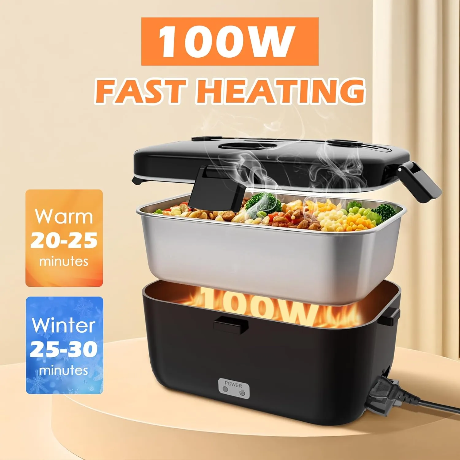 Electric-Lunch-Box-Heated-Food-Warmer 100W Heating Lunchbox for Adults 1.8L Portable Food Heater for Work/Car, 12V/24V/110-230V Lonchera Eléctrica Portátil with Fork Spoon (Black)