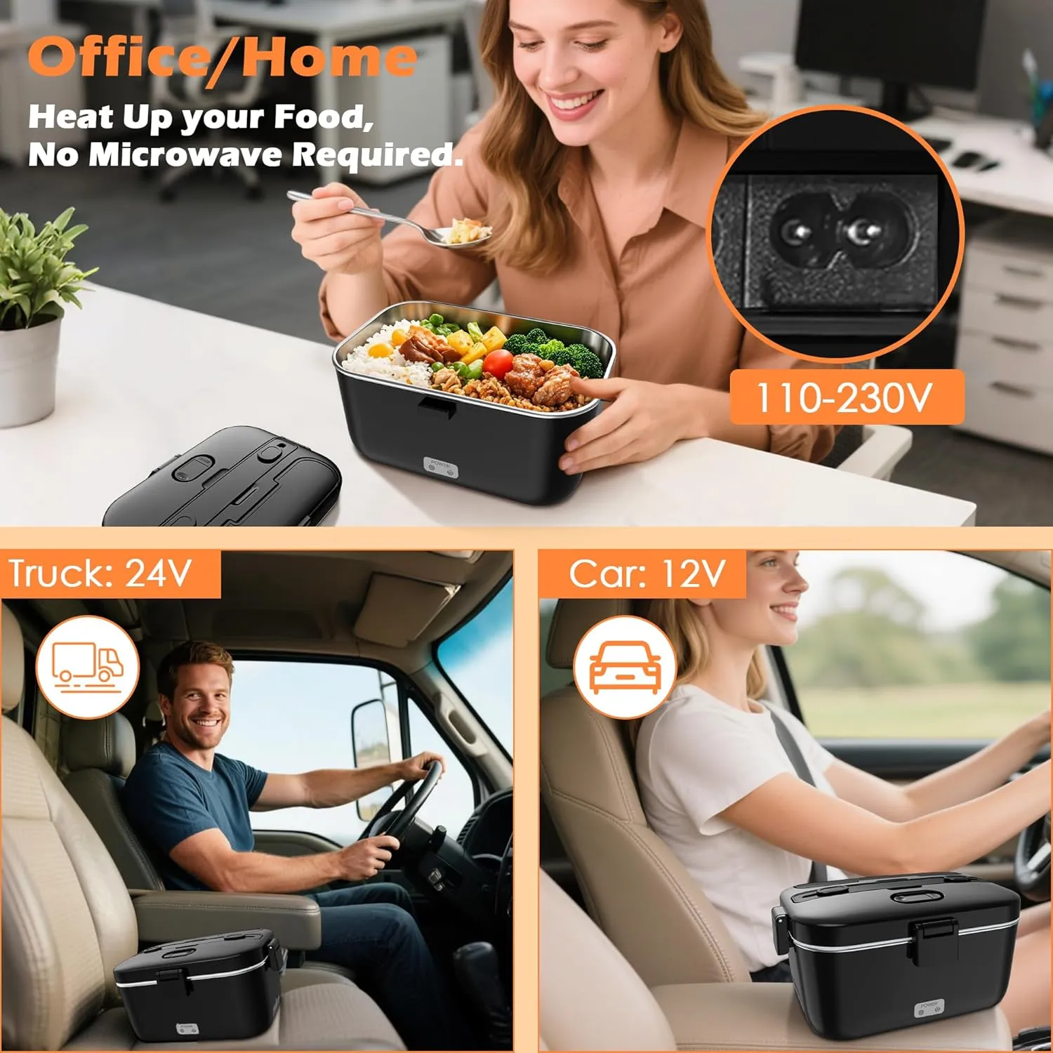 Electric-Lunch-Box-Heated-Food-Warmer 100W Heating Lunchbox for Adults 1.8L Portable Food Heater for Work/Car, 12V/24V/110-230V Lonchera Eléctrica Portátil with Fork Spoon (Black)