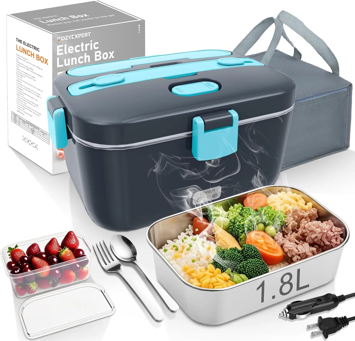 Electric-Lunch-Box-Heated-Food-Warmer 100W Heating Lunchbox for Adults 1.8L Portable Food Heater for Work/Car, 12V/24V/110-230V Lonchera Eléctrica Portátil with Fork Spoon (Gray Blue)