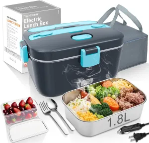 Electric-Lunch-Box-Heated-Food-Warmer 100W Heating Lunchbox for Adults 1.8L Portable Food Heater for Work/Car, 12V/24V/110-230V Lonchera Eléctrica Portátil with Fork Spoon (Gray Blue)
