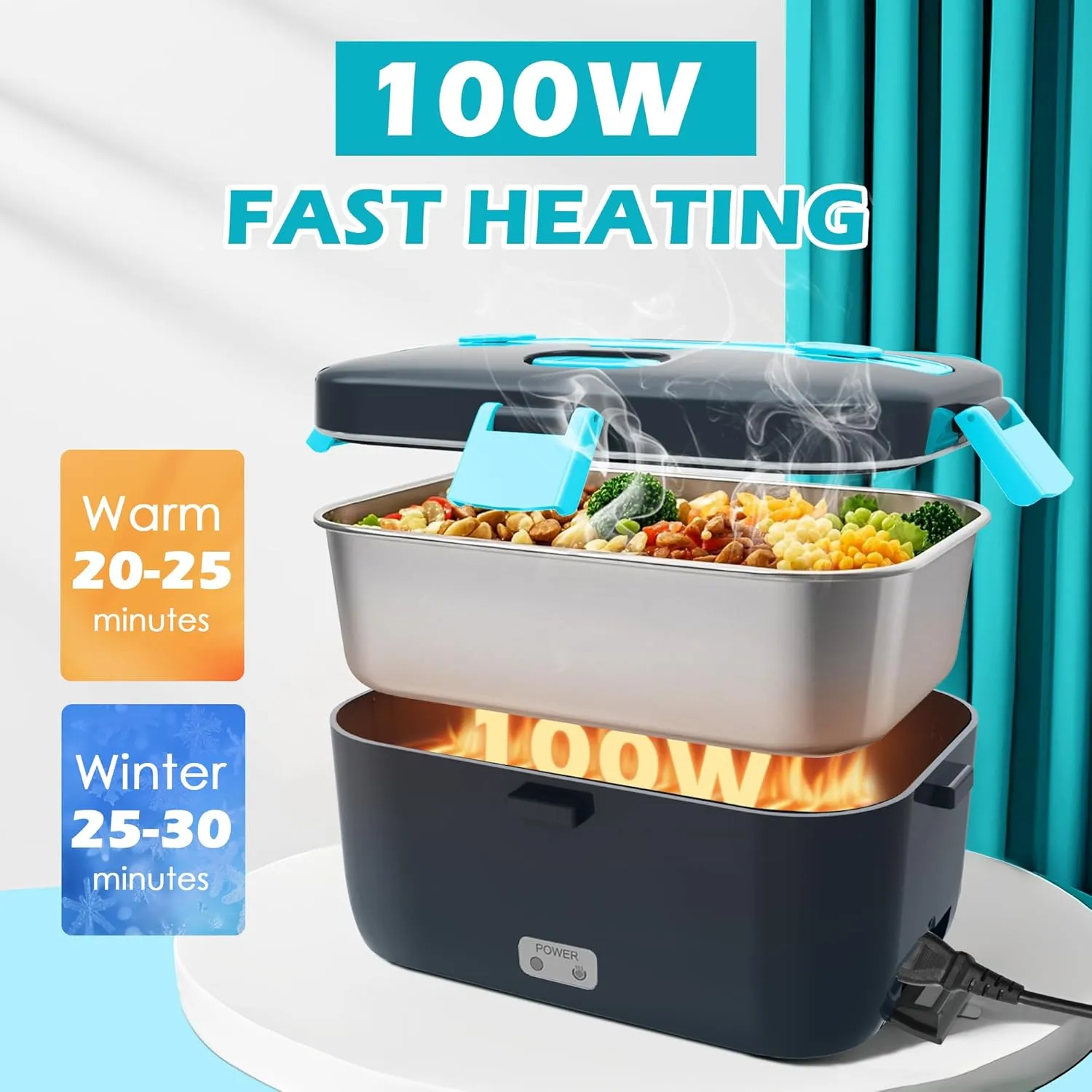 Electric-Lunch-Box-Heated-Food-Warmer 100W Heating Lunchbox for Adults 1.8L Portable Food Heater for Work/Car, 12V/24V/110-230V Lonchera Eléctrica Portátil with Fork Spoon (Gray Blue)