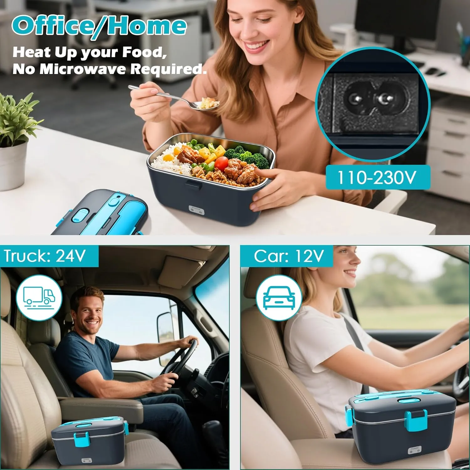 Electric-Lunch-Box-Heated-Food-Warmer 100W Heating Lunchbox for Adults 1.8L Portable Food Heater for Work/Car, 12V/24V/110-230V Lonchera Eléctrica Portátil with Fork Spoon (Gray Blue)