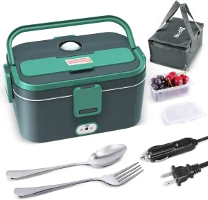 Electric Lunch Box, Portable Food Warmer for Car, Truck, Office, 12V 24V 110-230V 70W Adapter, Leak Proof, 304 Stainless Steel Container, SS fork & Spoon and Carry Bag (Green Update)