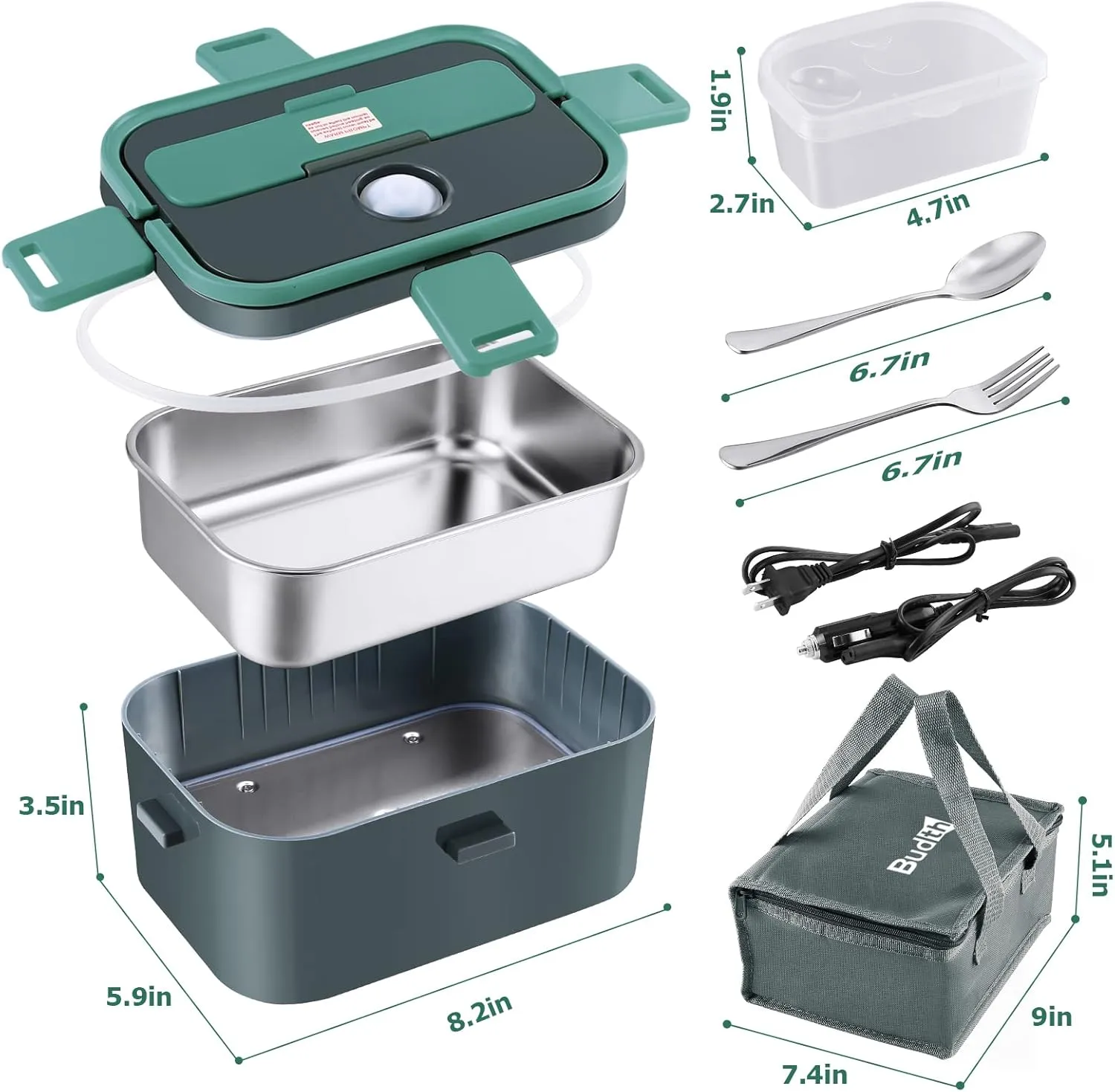 Electric Lunch Box, Portable Food Warmer for Car, Truck, Office, 12V 24V 110-230V 70W Adapter, Leak Proof, 304 Stainless Steel Container, SS fork & Spoon and Carry Bag (Green Update)
