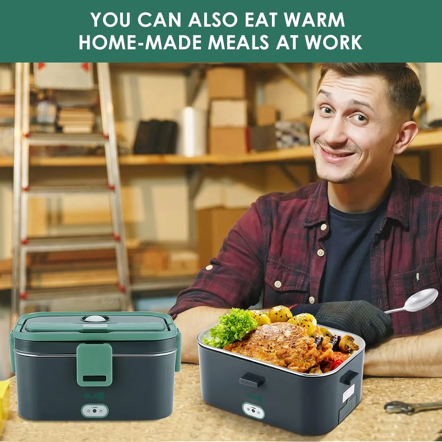 Electric Lunch Box, Portable Food Warmer for Car, Truck, Office, 12V 24V 110-230V 70W Adapter, Leak Proof, 304 Stainless Steel Container, SS fork & Spoon and Carry Bag (Green Update)