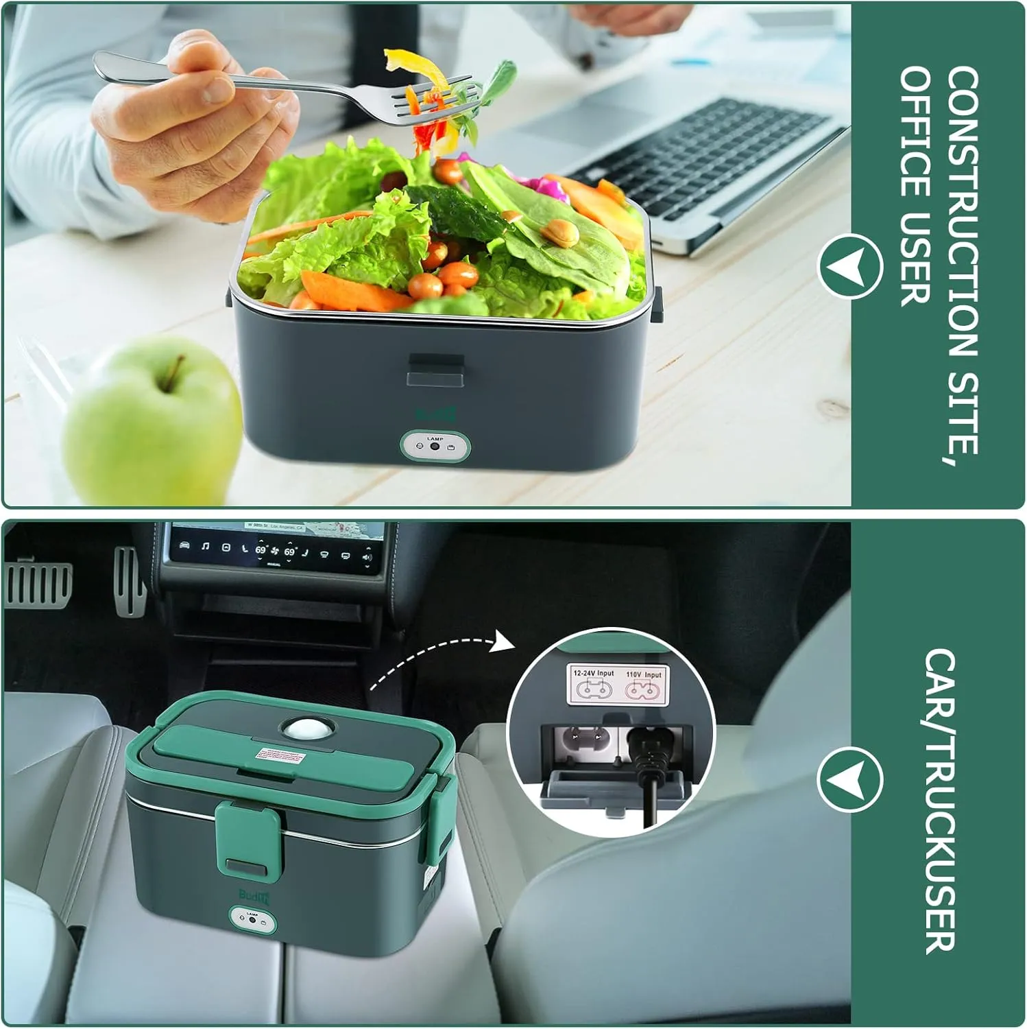 Electric Lunch Box, Portable Food Warmer for Car, Truck, Office, 12V 24V 110-230V 70W Adapter, Leak Proof, 304 Stainless Steel Container, SS fork & Spoon and Carry Bag (Green Update)