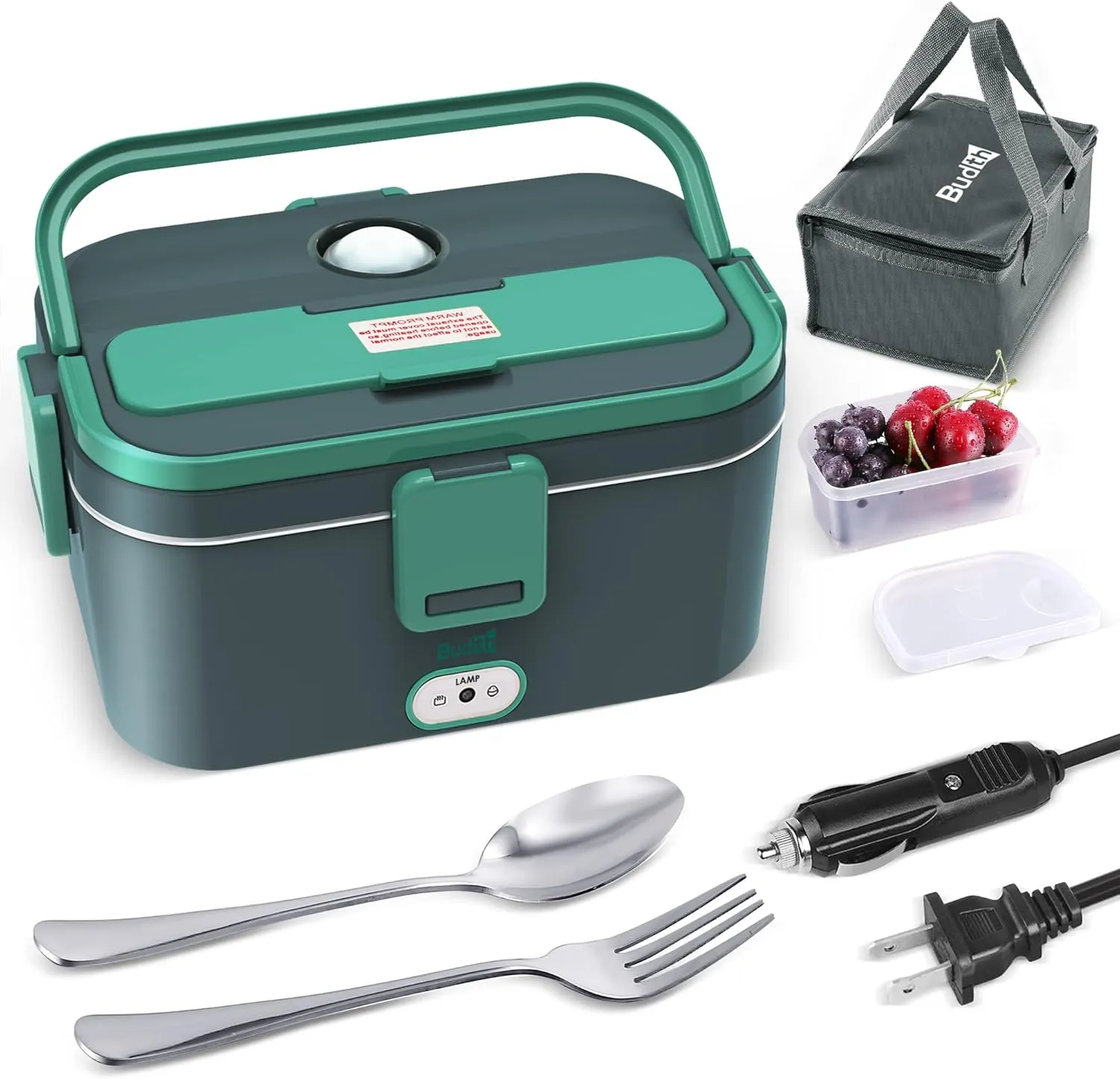Electric Lunch Box, Portable Food Warmer for Car, Truck, Office, 12V 24V 110-230V 70W Adapter, Leak Proof, 304 Stainless Steel Container, SS fork & Spoon and Carry Bag (Green Update)