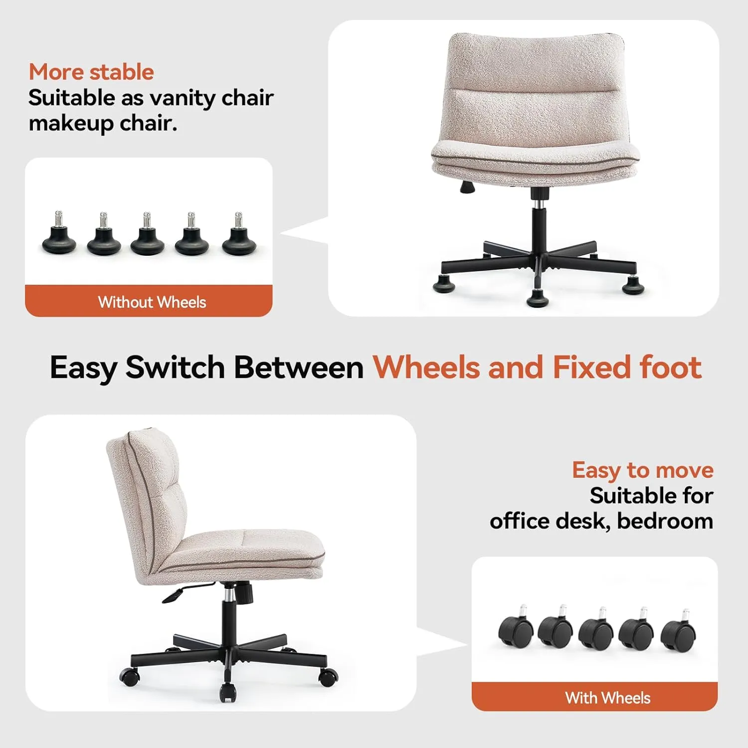 EMIAH Armless Office Desk Chair with Wheels Faux Fur Vanity Mid-Back Ergonomic Home Computer Comfortable Adjustable Swivel Furry Task Chair with Thickened Cushion