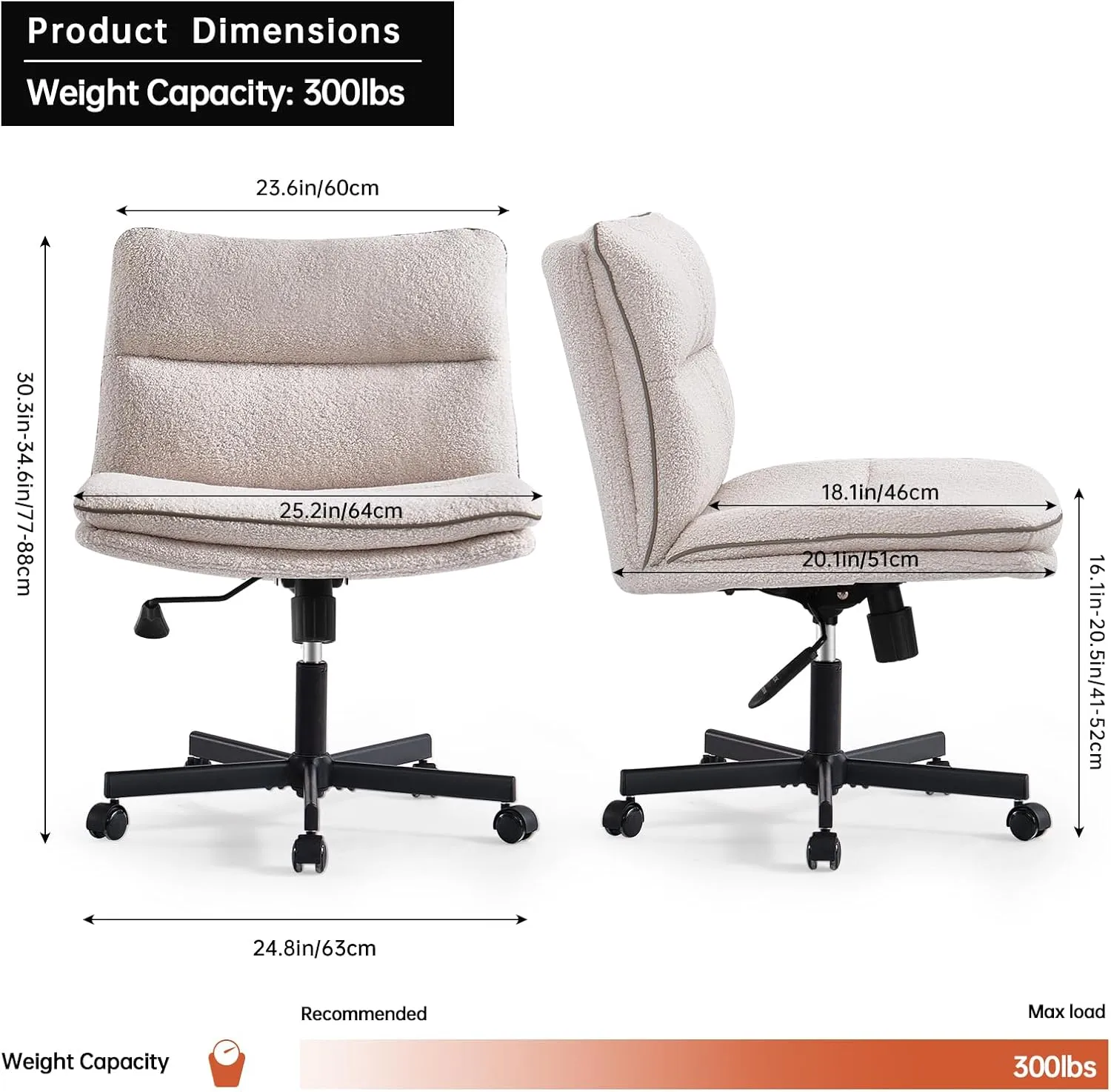 EMIAH Armless Office Desk Chair with Wheels Faux Fur Vanity Mid-Back Ergonomic Home Computer Comfortable Adjustable Swivel Furry Task Chair with Thickened Cushion