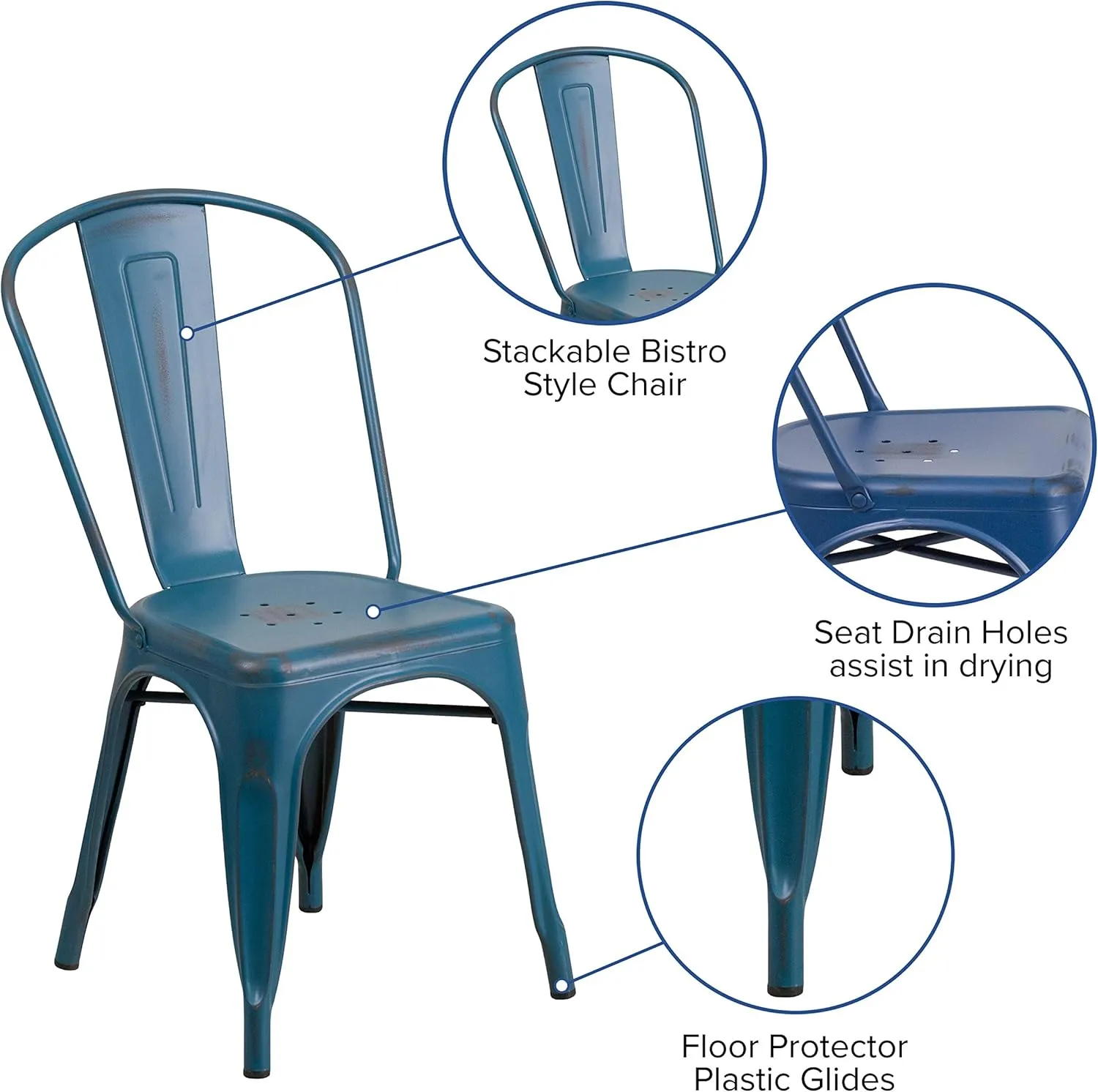 EMMA   OLIVER Commercial Grade Distressed Blue Metal Indoor-Outdoor Stackable Chair
