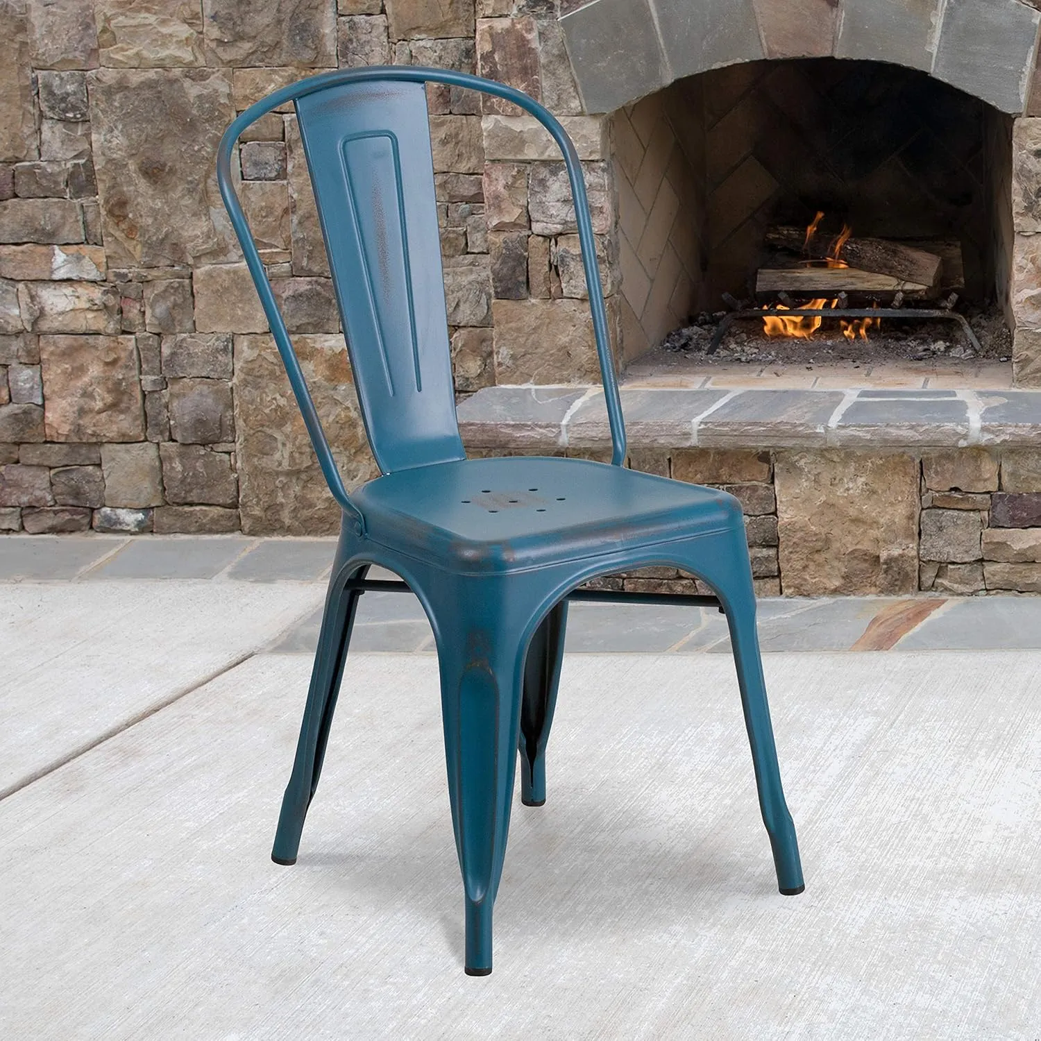 EMMA   OLIVER Commercial Grade Distressed Blue Metal Indoor-Outdoor Stackable Chair