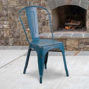 EMMA   OLIVER Commercial Grade Distressed Blue Metal Indoor-Outdoor Stackable Chair