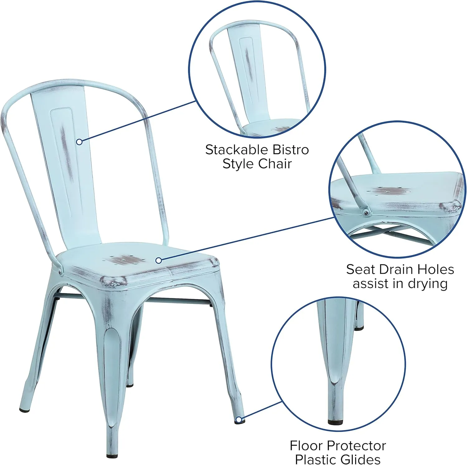 EMMA   OLIVER Commercial Grade Distressed Green-Blue Metal Indoor-Outdoor Stackable Chair