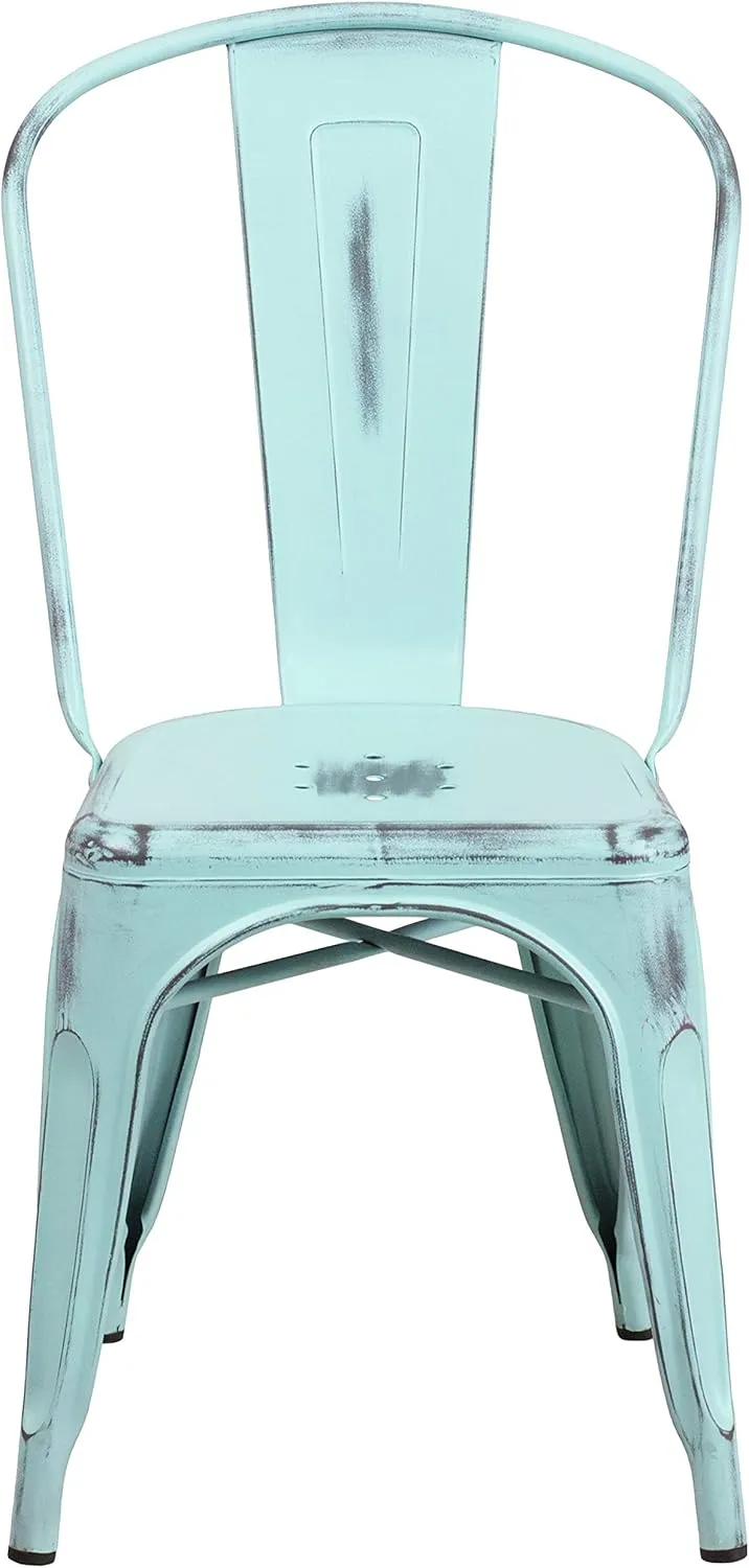 EMMA   OLIVER Commercial Grade Distressed Green-Blue Metal Indoor-Outdoor Stackable Chair