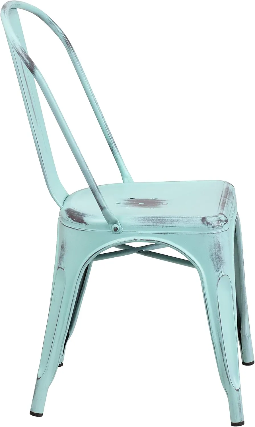 EMMA   OLIVER Commercial Grade Distressed Green-Blue Metal Indoor-Outdoor Stackable Chair