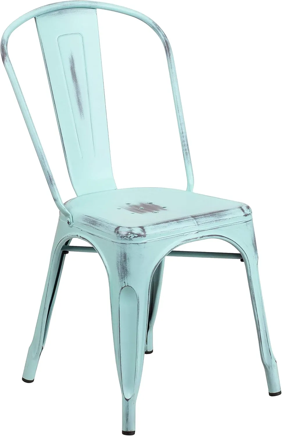 EMMA   OLIVER Commercial Grade Distressed Green-Blue Metal Indoor-Outdoor Stackable Chair