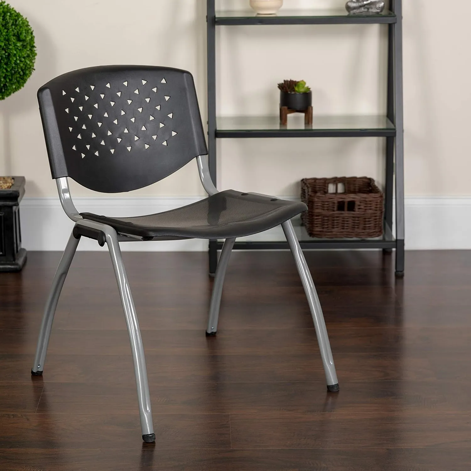 EMMA   OLIVER Home and Office Black Plastic Stack Chair with Perforated Back - Guest Chair