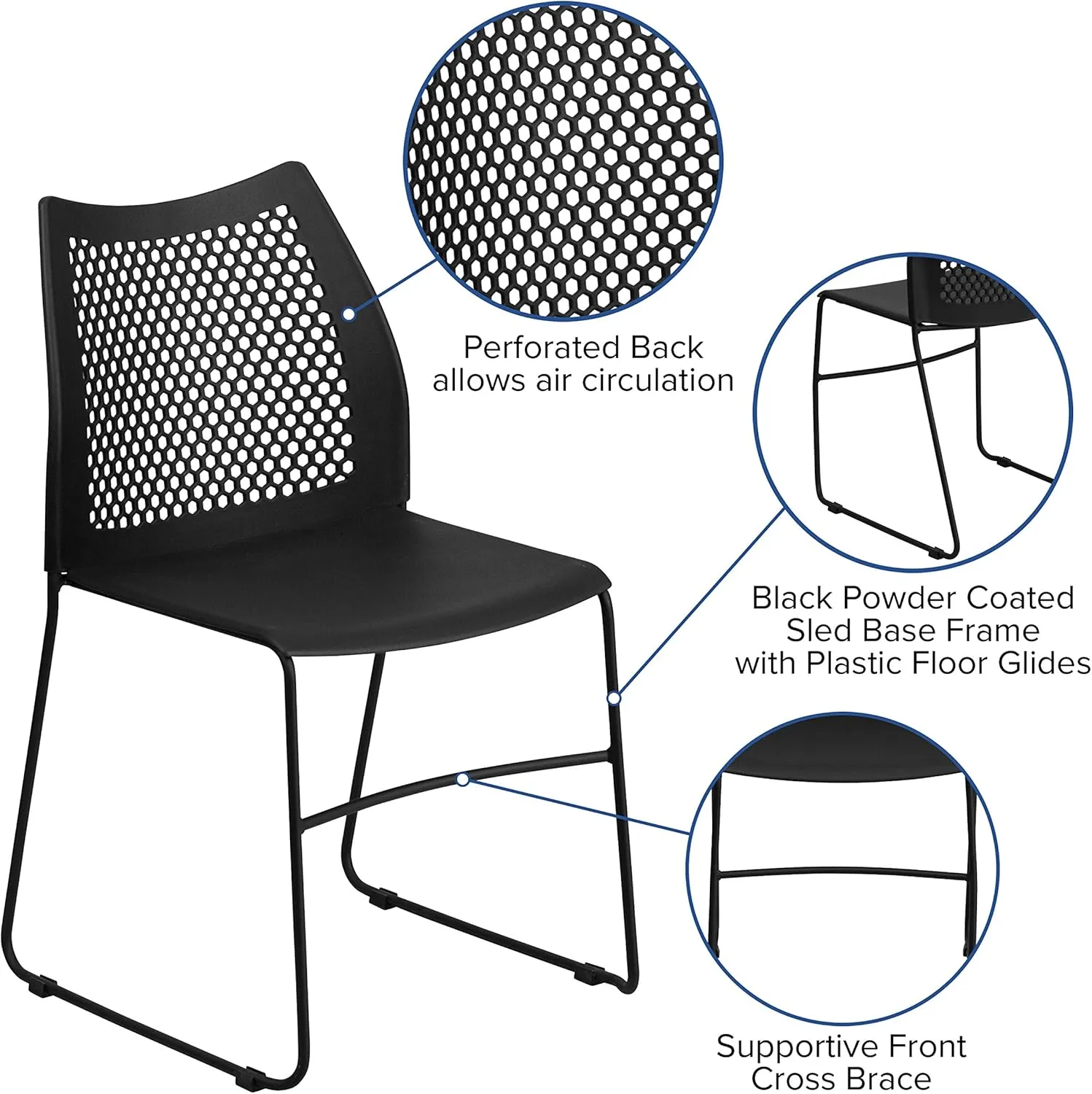 EMMA   OLIVER Home and Office Black Sled Base Stack Chair with Air-Vent Back - Guest Chair