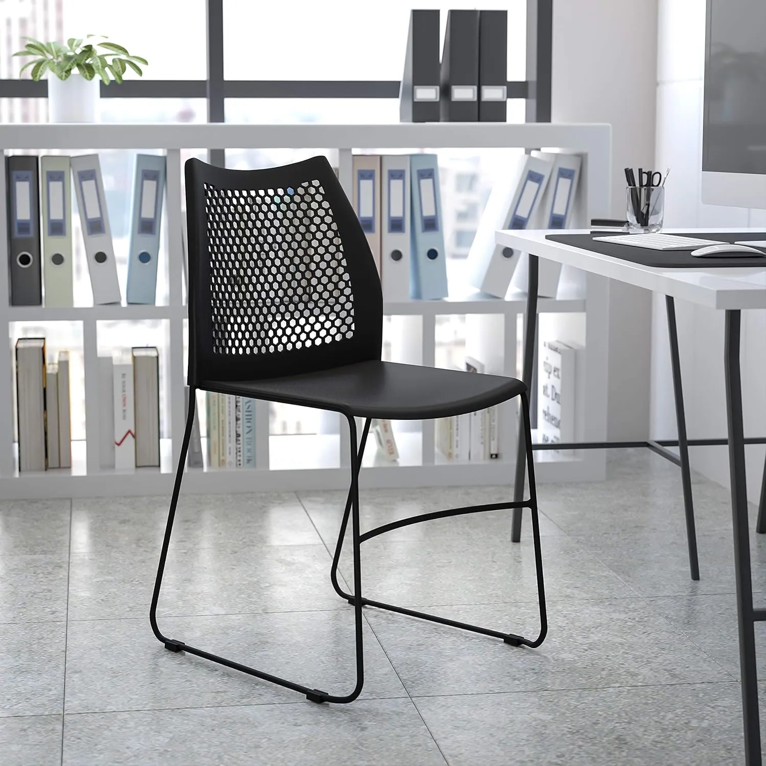 EMMA   OLIVER Home and Office Black Sled Base Stack Chair with Air-Vent Back - Guest Chair