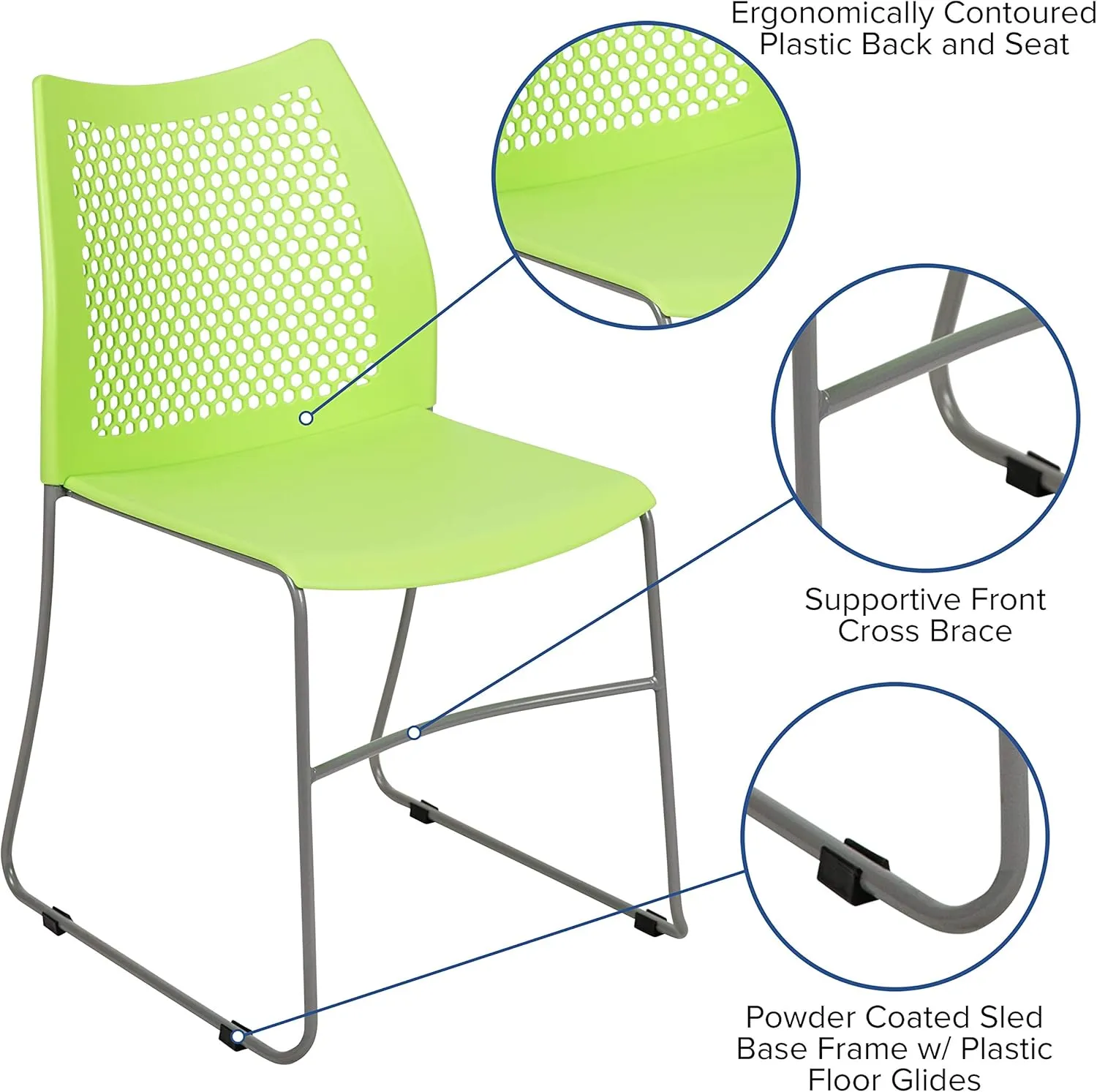 EMMA   OLIVER Home and Office Green Sled Base Stack Chair with Air-Vent Back - Guest Chair