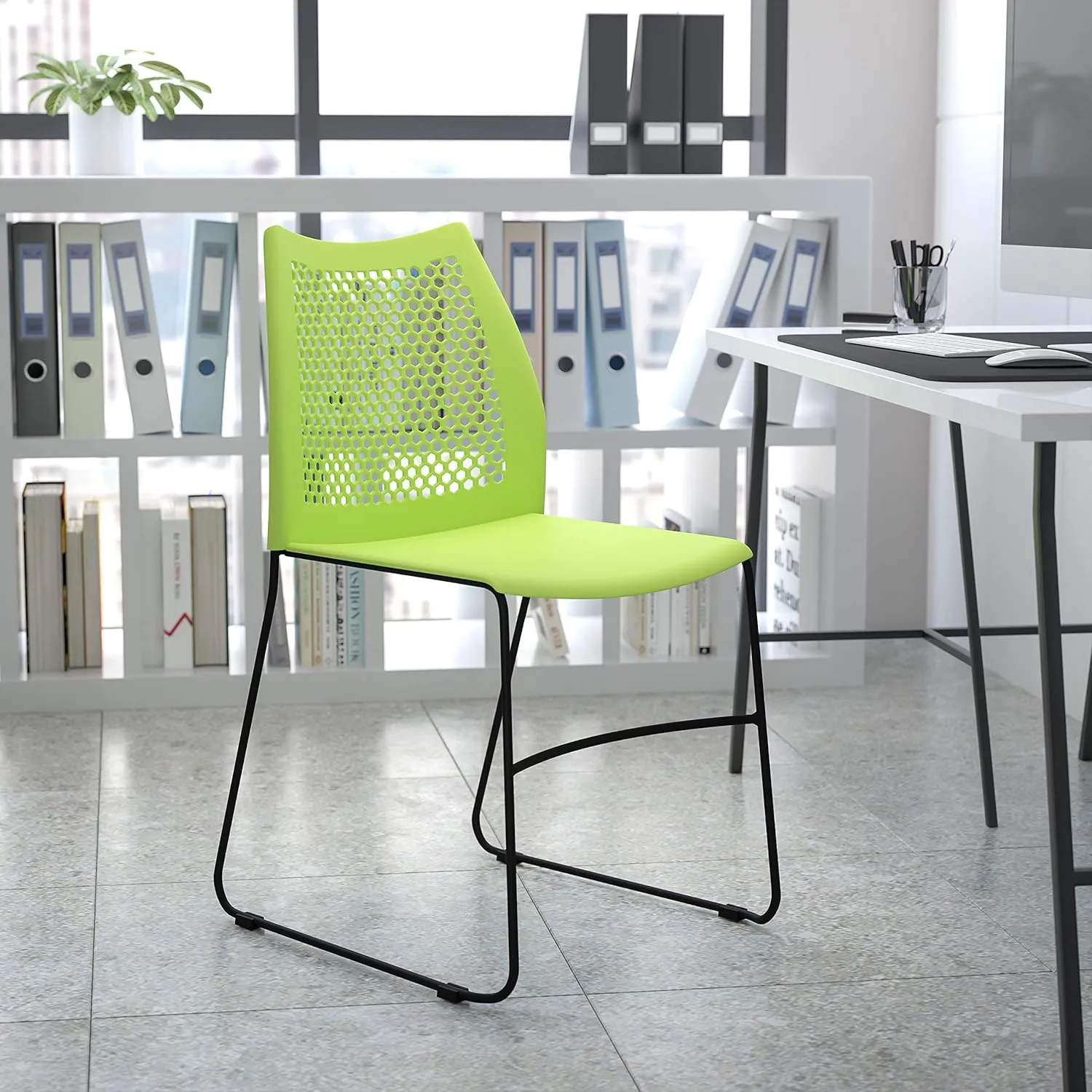 EMMA   OLIVER Home and Office Green Sled Base Stack Chair with Air-Vent Back - Guest Chair