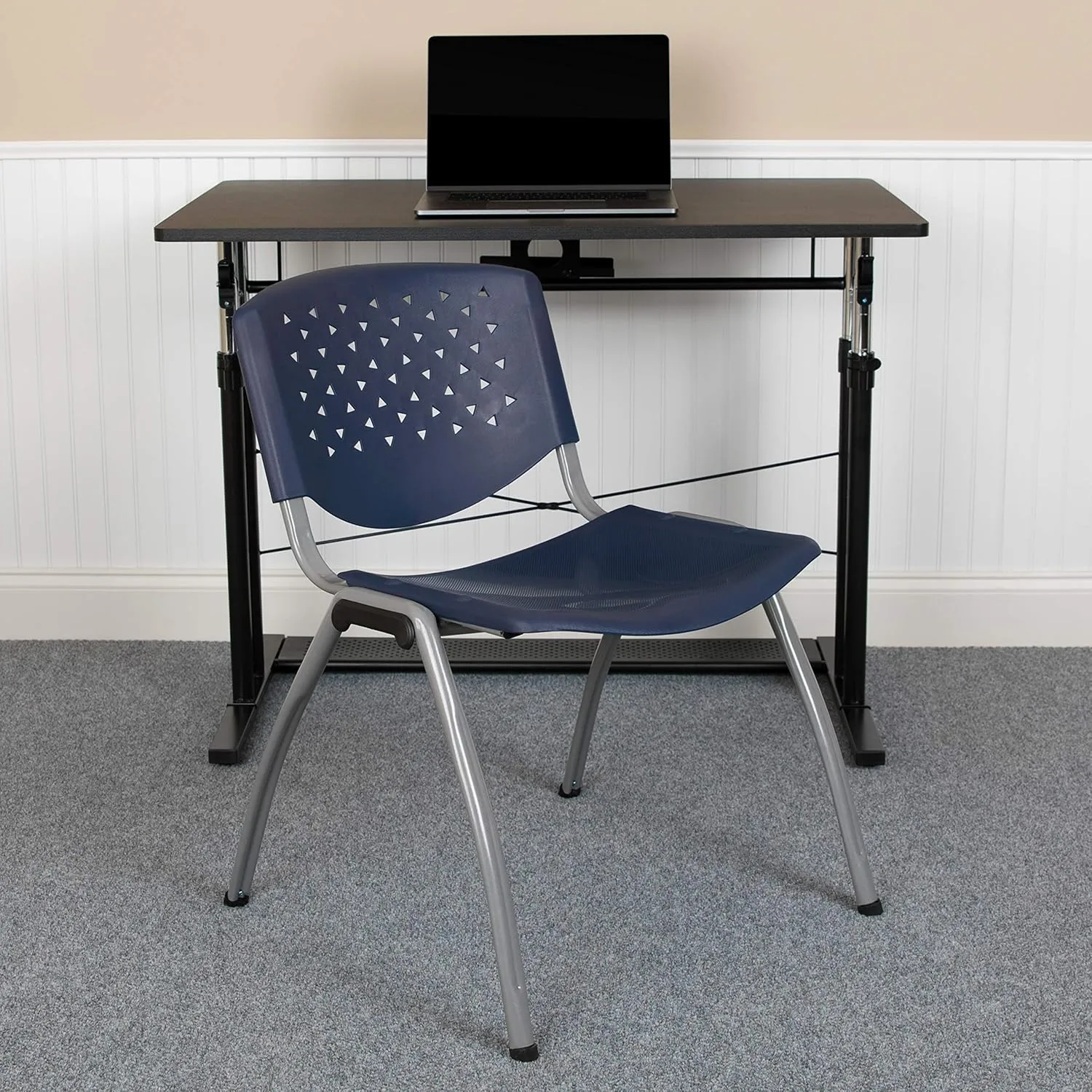 EMMA   OLIVER Home and Office Navy Plastic Stack Chair with Perforated Back - Guest Chair