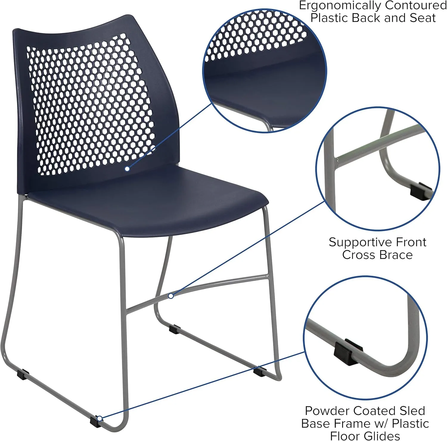 EMMA   OLIVER Home and Office Navy Sled Base Stack Chair with Air-Vent Back - Guest Chair