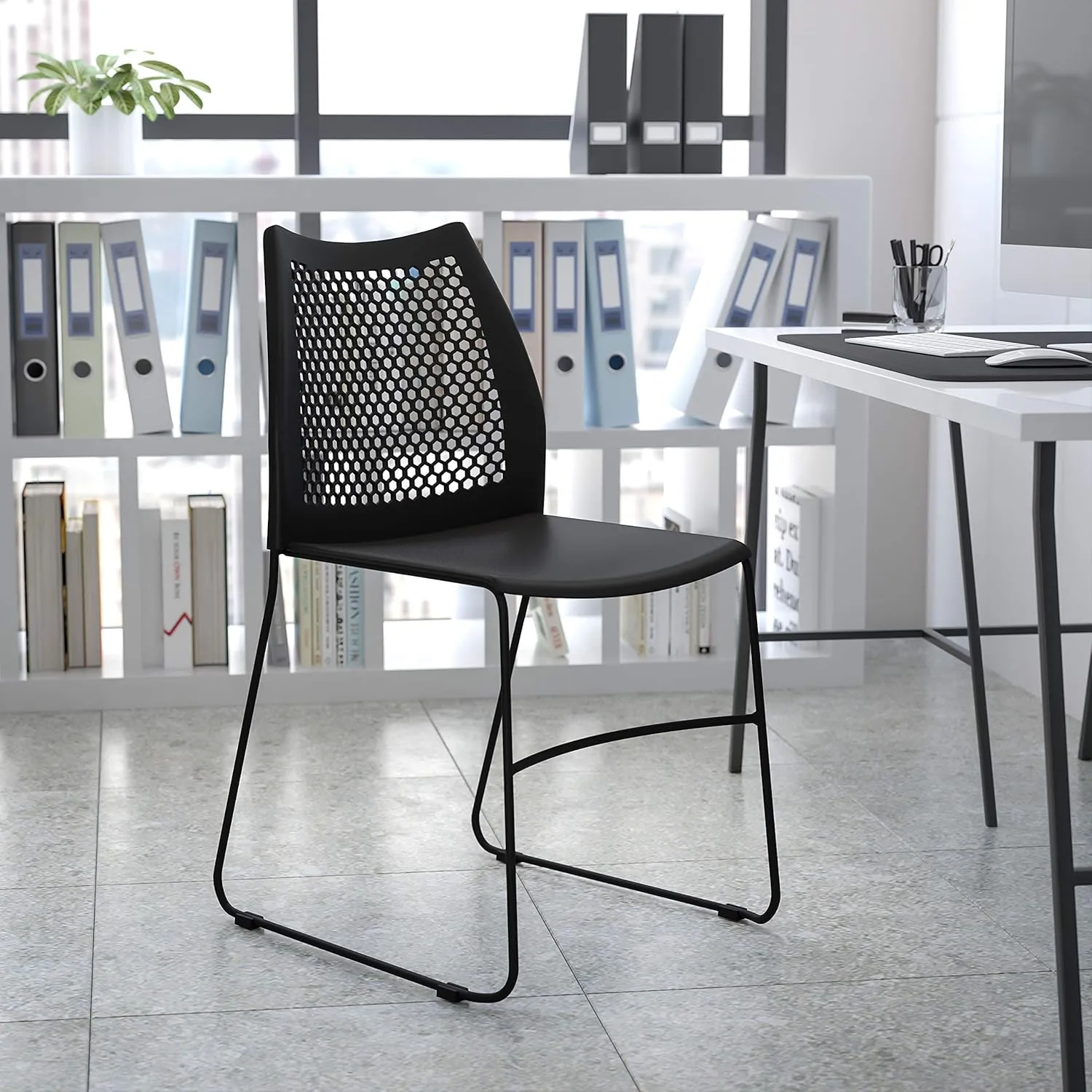 EMMA   OLIVER Home and Office Navy Sled Base Stack Chair with Air-Vent Back - Guest Chair