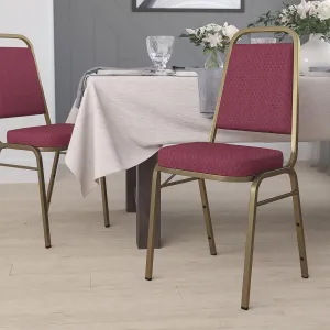 EMMA   OLIVER Trapezoid Back Banquet Chair, Burgundy Patterned Fabric/Gold Frame