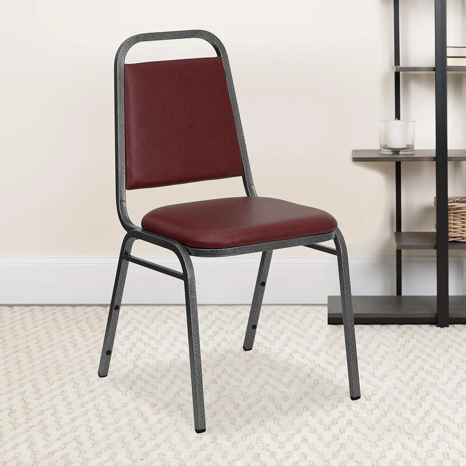 EMMA   OLIVER Trapezoidal Back Stacking Chair, Burgundy Vinyl/Silver Vein Frame
