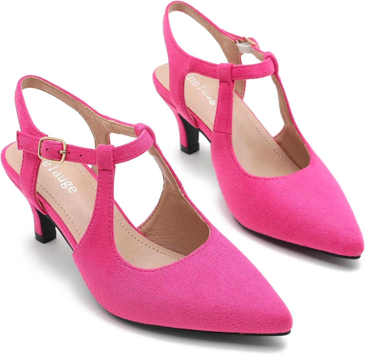 Enelauge Women's Closed Pointed Toe Heels Ankle Strap Pumps Low Kitten Heel Elegant Strappy Comfortable Office Wedding Dressy Bride Prom Shoes