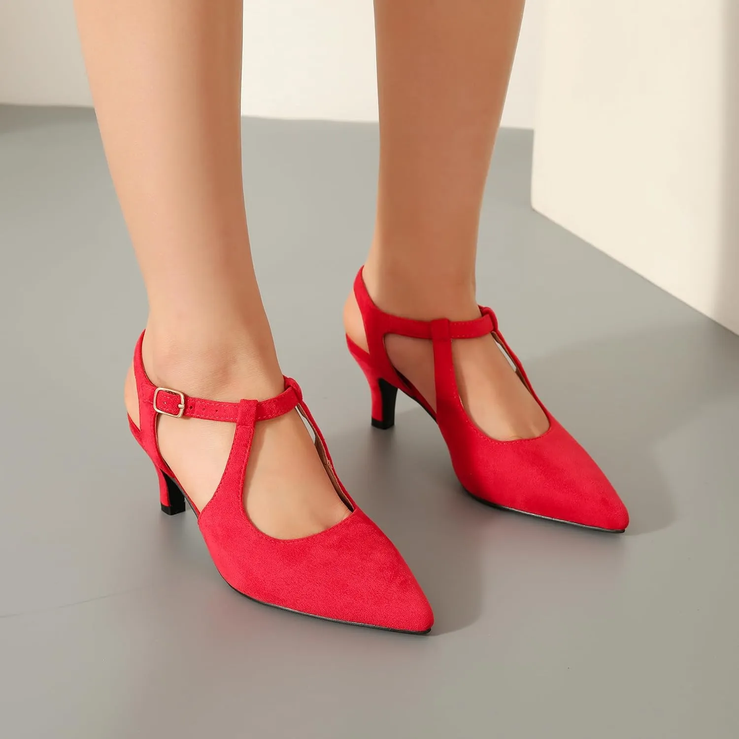Enelauge Women's Closed Pointed Toe Heels Ankle Strap Pumps Low Kitten Heel Elegant Strappy Comfortable Office Wedding Dressy Bride Prom Shoes