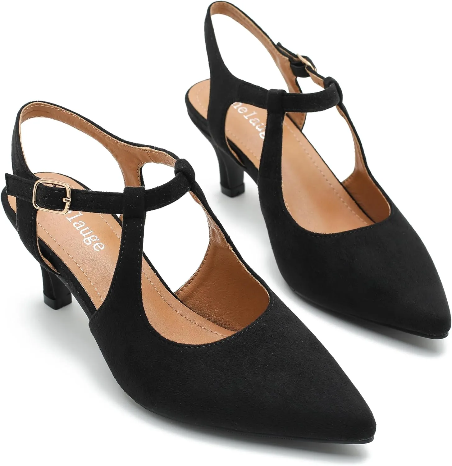 Enelauge Women's Closed Pointed Toe Heels Ankle Strap Pumps Low Kitten Heel Elegant Strappy Comfortable Office Wedding Dressy Bride Prom Shoes