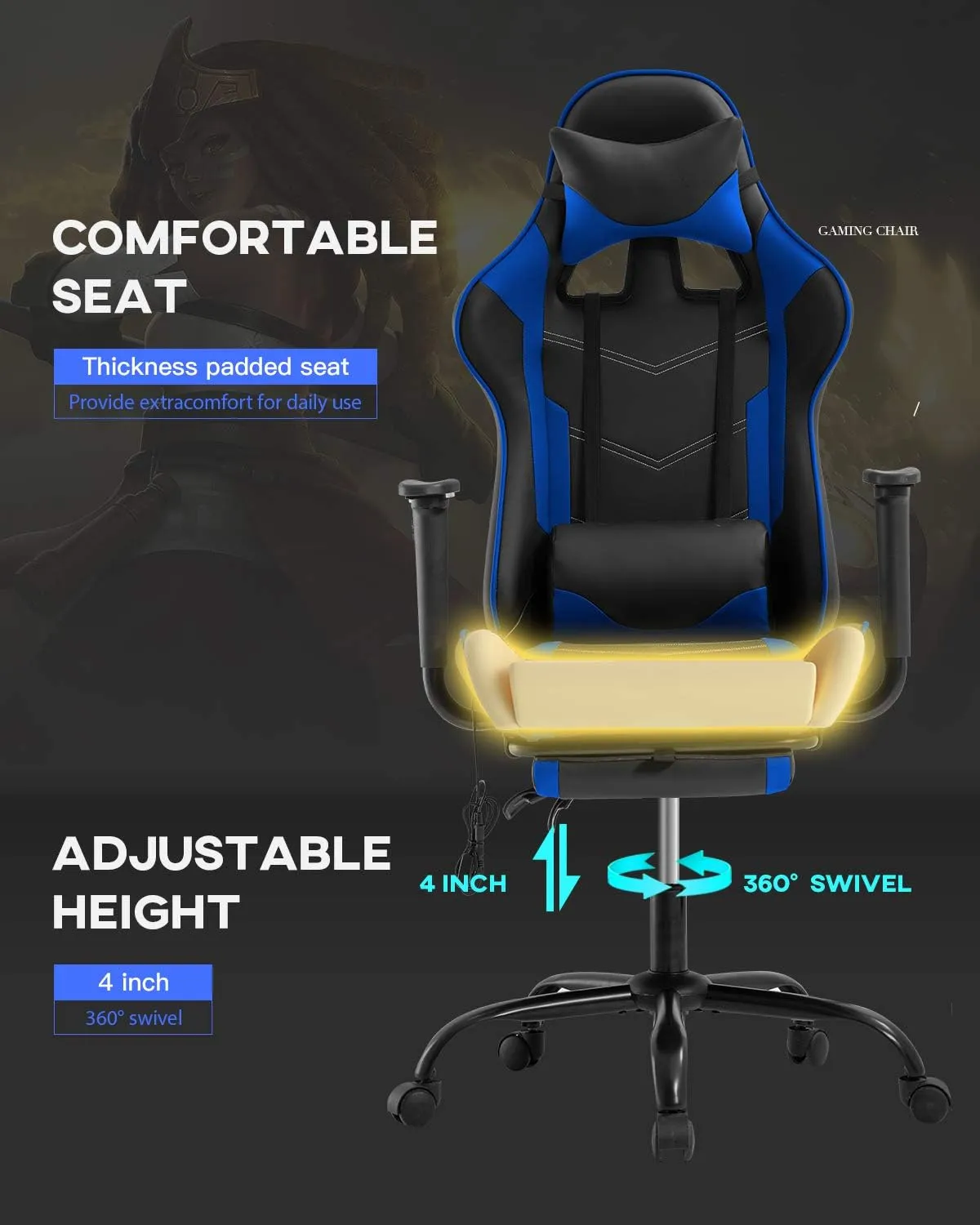Ergonomic Gaming Chair PU Leather Massage Gaming Chair with Footrest/Armrest/Lumbar Support for Adults Gaming Work Study Racing Style Computer Chairs Big and Tall Gaming Chair
