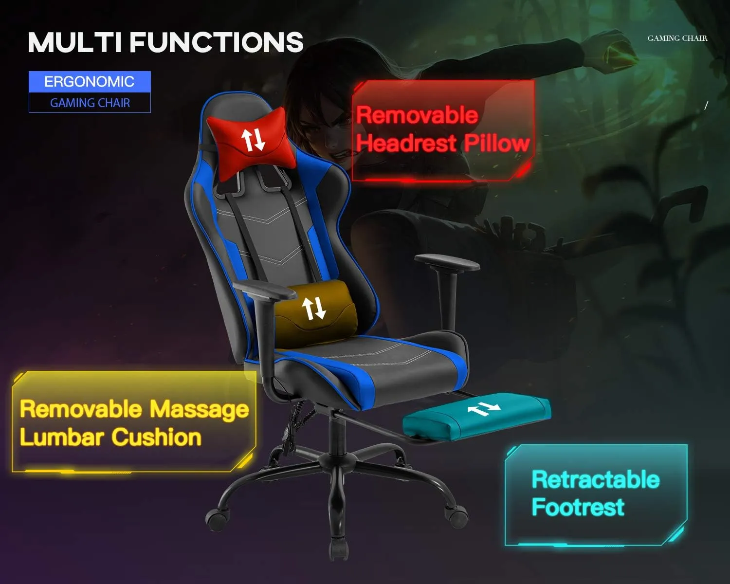 Ergonomic Gaming Chair PU Leather Massage Gaming Chair with Footrest/Armrest/Lumbar Support for Adults Gaming Work Study Racing Style Computer Chairs Big and Tall Gaming Chair