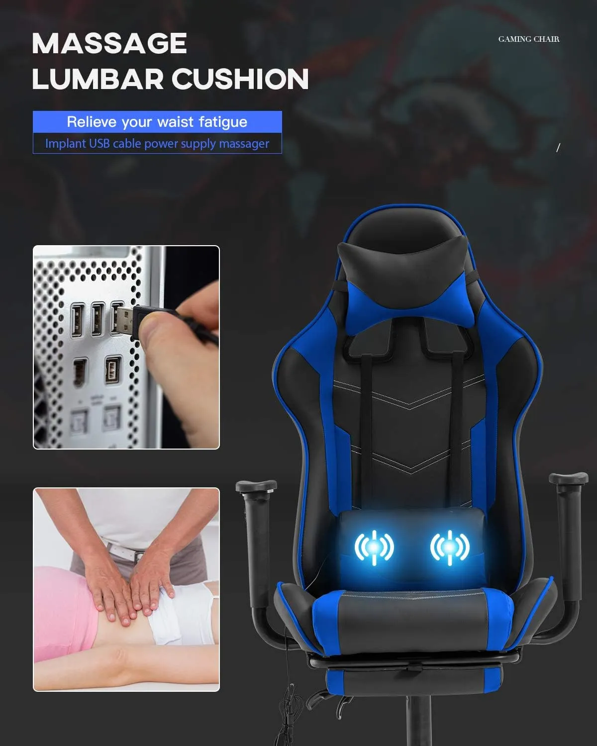 Ergonomic Gaming Chair PU Leather Massage Gaming Chair with Footrest/Armrest/Lumbar Support for Adults Gaming Work Study Racing Style Computer Chairs Big and Tall Gaming Chair