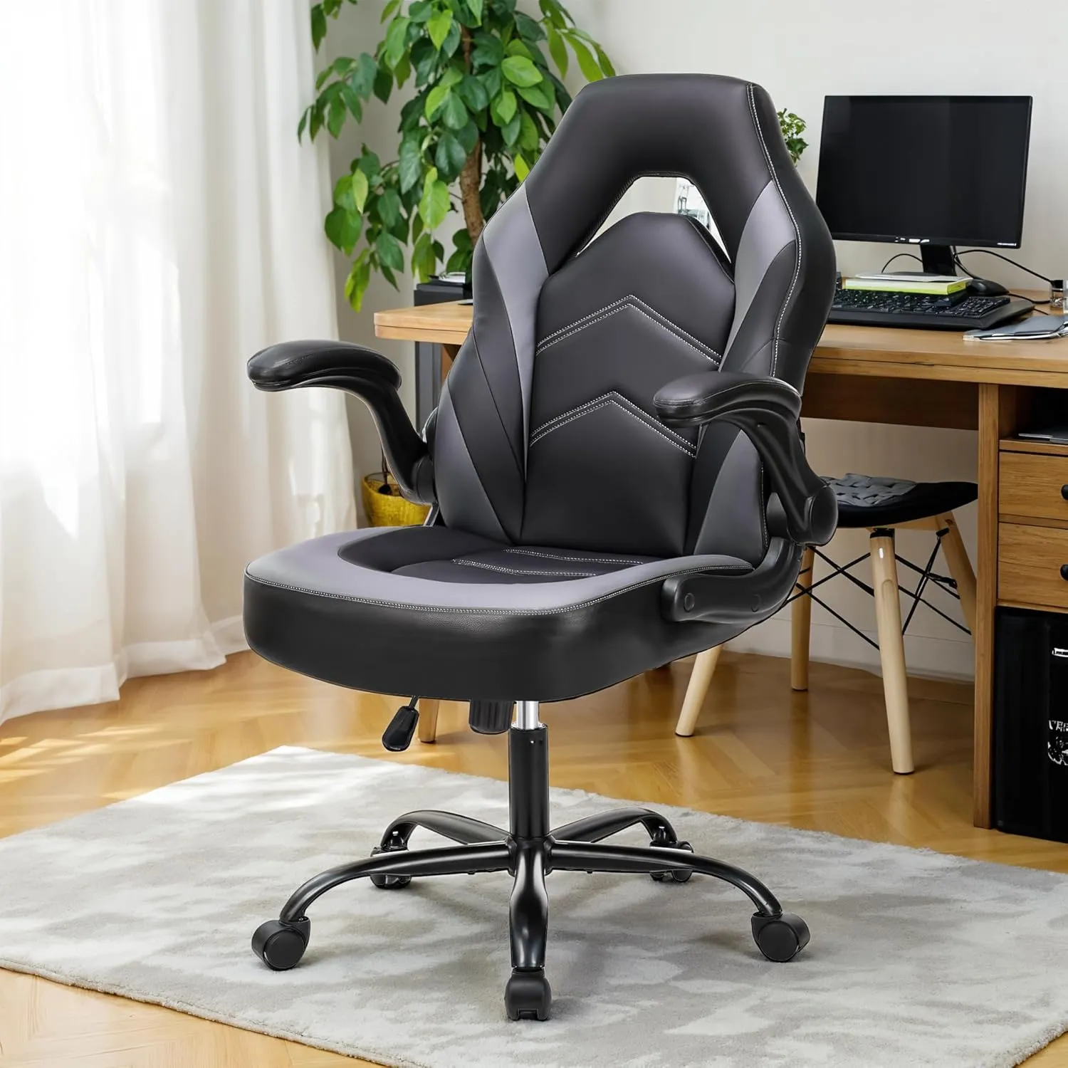 Ergonomic Gaming Chair with Adjustable PU Leather Seat, Flip-Up Armrests, and Swivel Design, Perfect for Home Office, Gaming, or Entertainment – Ideal for Adults, Kids, and Gamers, Grey/Black