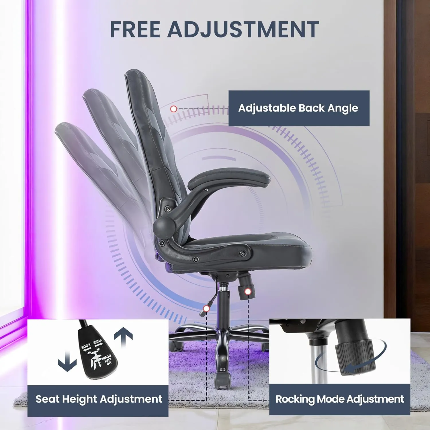 Ergonomic Gaming Chair with Adjustable PU Leather Seat, Flip-Up Armrests, and Swivel Design, Perfect for Home Office, Gaming, or Entertainment – Ideal for Adults, Kids, and Gamers, Grey/Black
